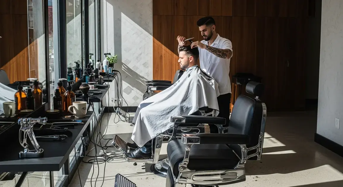 Barbearia moderna com cadeiras de couro, barbear e cliente em ambiente iluminado por janelas amplas.