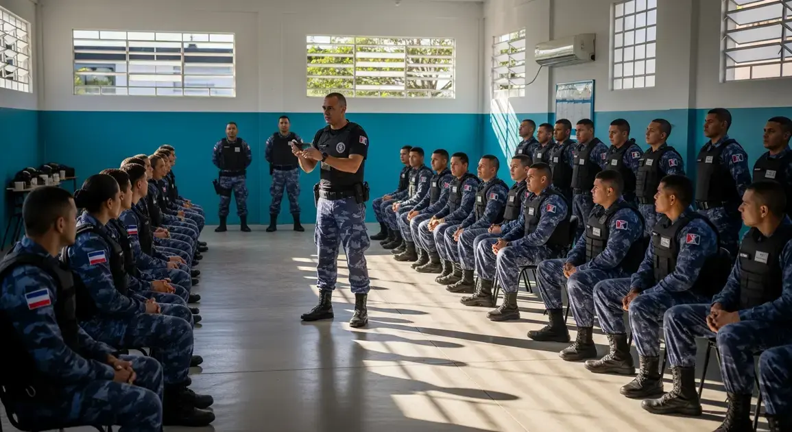 Instrutor de vigilantes em sala, com alunos sentados em fileiras, todos usando uniformes de segurança.