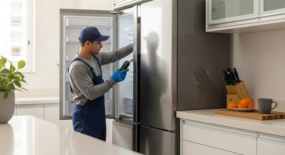 Técnico consertando geladeira em cozinha moderna, usando luvas e segurando uma ferramenta.