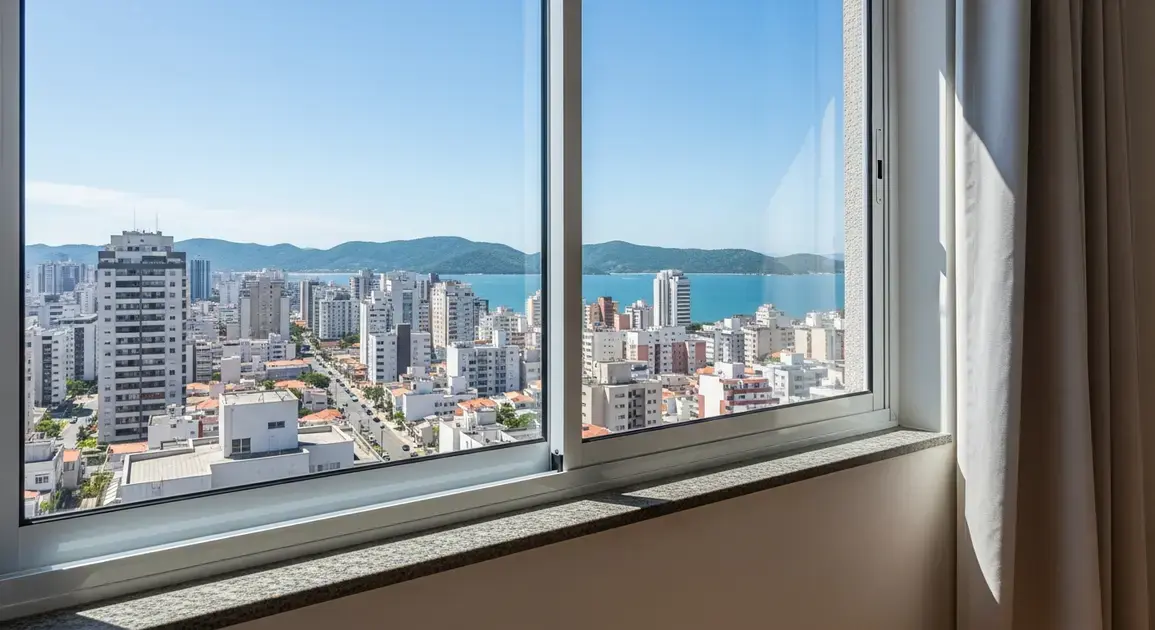Vista panorâmica de Florianópolis com prédios e mar ao fundo, através de uma janela de esquadria de alumínio.