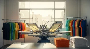 Máquina de serigrafia com camisetas coloridas penduradas e pilhas de camisetas dobradas em uma sala iluminada.