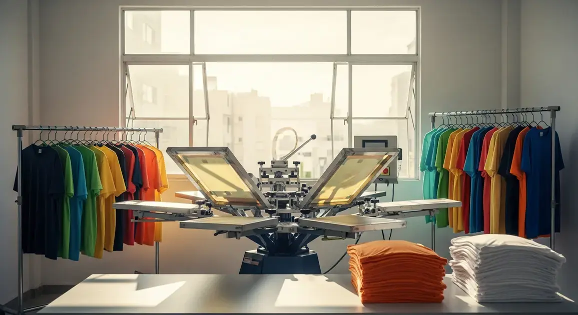 Máquina de serigrafia com camisetas coloridas penduradas e pilhas de camisetas dobradas em uma sala iluminada.