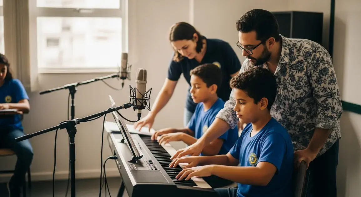 Professor ensina crianças a tocar teclado em sala de aula com microfone e instrumentos musicais.