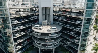 Estacionamento em estrutura vertical com vários andares e carros estacionados em diferentes níveis.