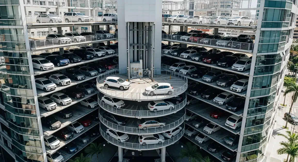 Estacionamento em estrutura vertical com vários andares e carros estacionados em diferentes níveis.