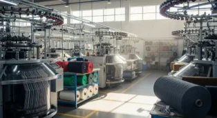 Máquina de malharia em ambiente industrial, com rolos de fios coloridos organizados ao fundo.