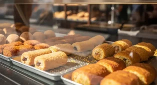 Bandejas com diversos salgadinhos fritos, como coxinhas e enroladinhos, expostos em vitrine de loja.
