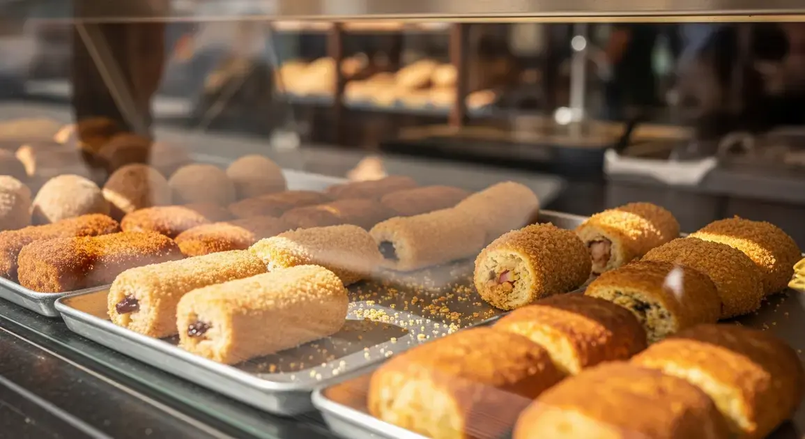 Bandejas com diversos salgadinhos fritos, como coxinhas e enroladinhos, expostos em vitrine de loja.