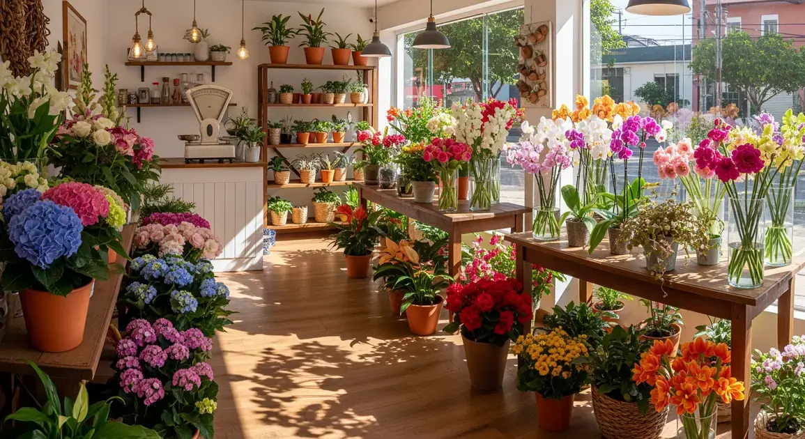 Floricultura com mesas de madeira cheias de flores coloridas, vasos e decoração aconchegante.