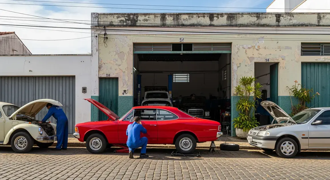 Oficina mecânica com dois mecânicos trabalhando em carros, um vermelho e um prata, em rua de Florianópolis.