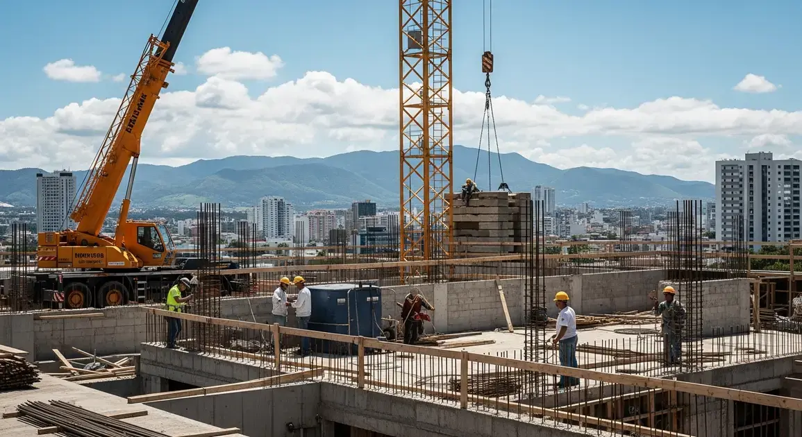 Obra em construção com guindaste, trabalhadores e vista de Florianópolis ao fundo.