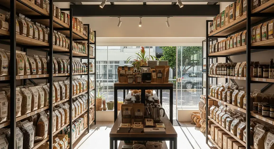 Prateleiras cheias de produtos naturais, como grãos e temperos, em loja iluminada com janelas amplas.