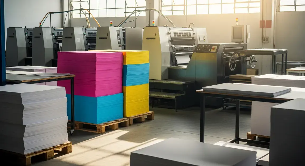 Gráfica com máquinas e pilhas de papel colorido em um ambiente iluminado.