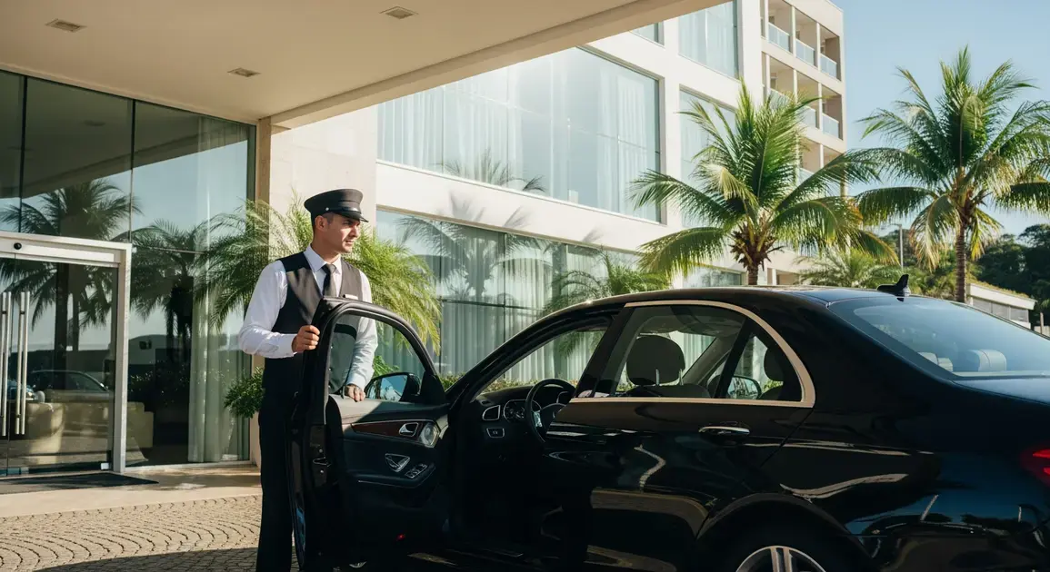 Motorista de terno ao lado de carro preto em frente a hotel com palmeiras ao fundo.