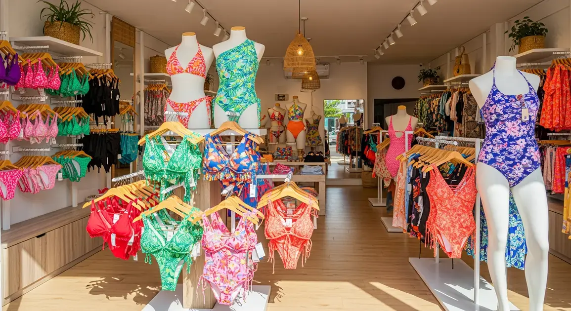 Lojinha com biquínis coloridos em exibição, prateleiras cheias de modelos variados e ambiente iluminado.