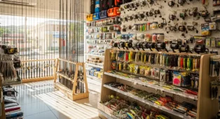 Interior de loja de pesca com prateleiras cheias de iscas, varas e acessórios em Florianópolis.