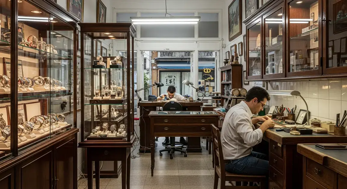 Loja de relojoaria com vitrines cheias de relógios e um relojoeiro trabalhando em uma mesa.