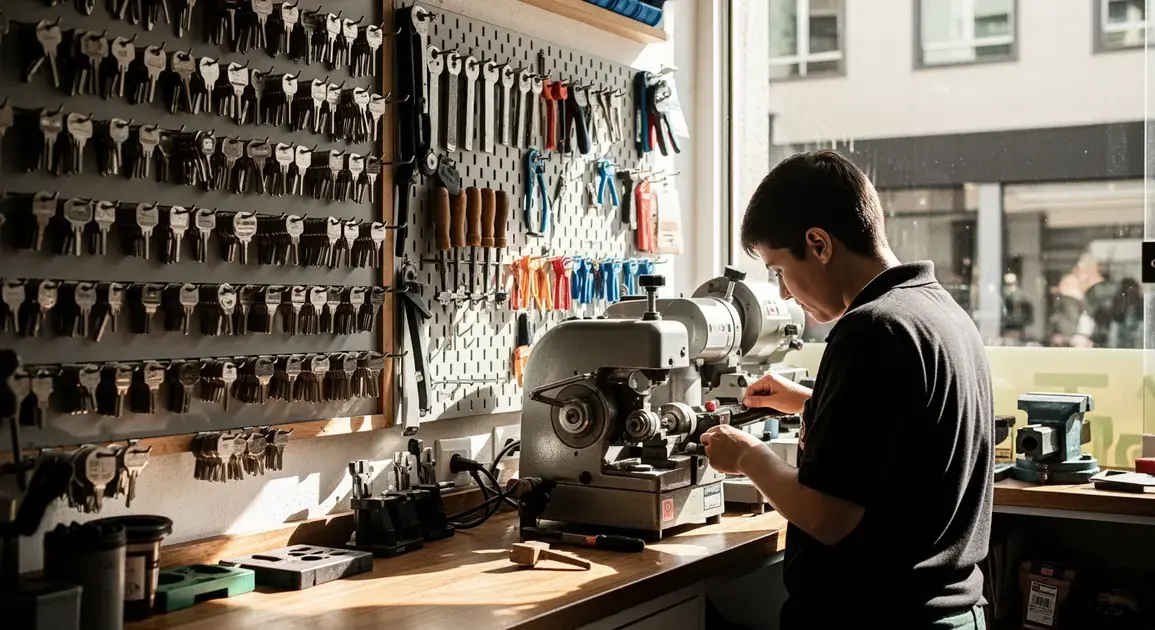 Jovem trabalhando em uma bancada com máquina de duplicar chaves, rodeado por chaves e ferramentas.