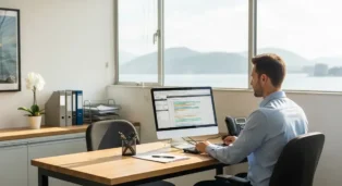 Homem sentado em mesa de escritório, trabalhando em computador com vista para o mar e montanhas ao fundo.