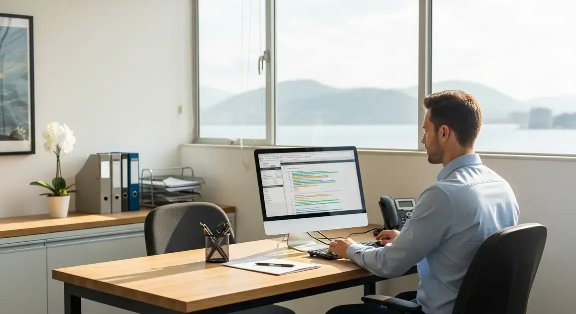 Homem sentado em mesa de escritório, trabalhando em computador com vista para o mar e montanhas ao fundo.