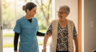 Cuidadora sorridente auxilia idosa a caminhar em ambiente iluminado e acolhedor.