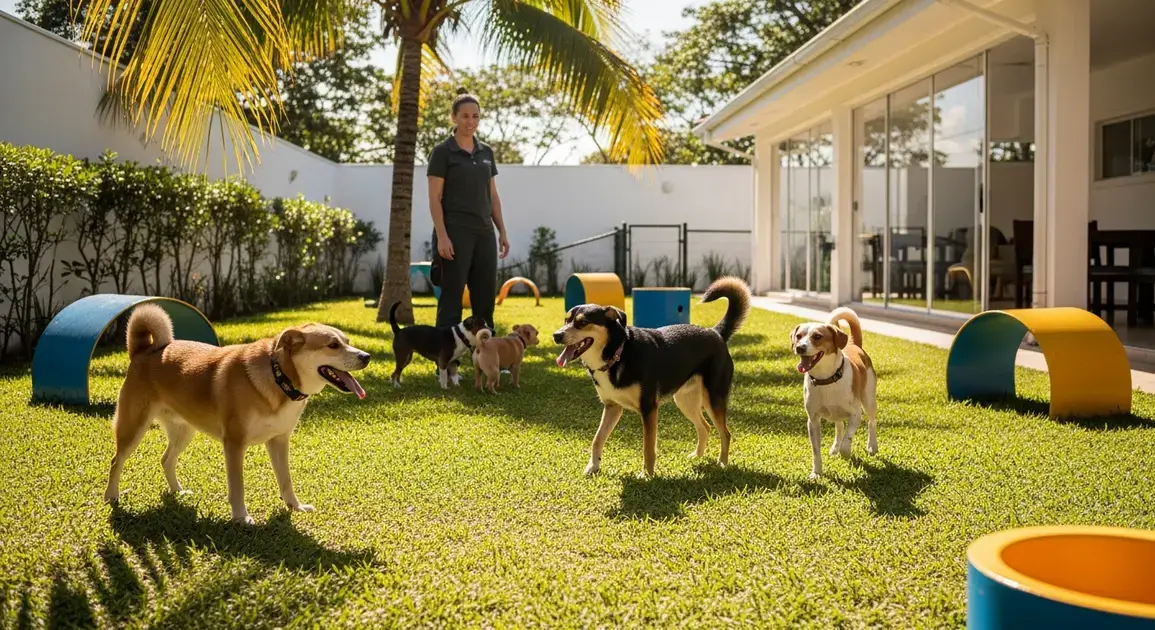 Cães brincando em gramado com obstáculos coloridos, enquanto um cuidador observa ao fundo.