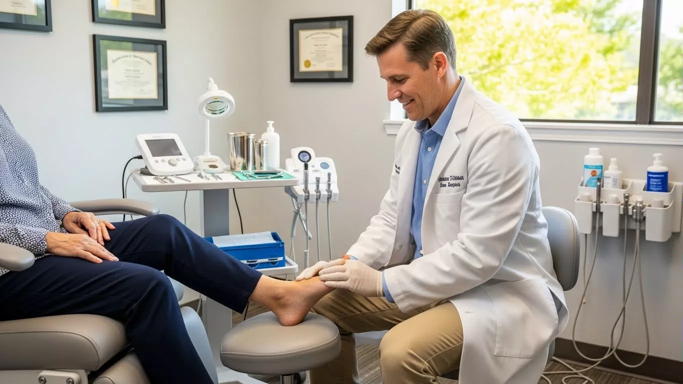 Profissional de podologia atendendo paciente em consultório, com equipamentos médicos ao fundo.