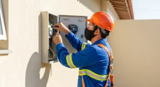 Eletricista com capacete e máscara trabalhando em painel elétrico na parede externa de uma casa.