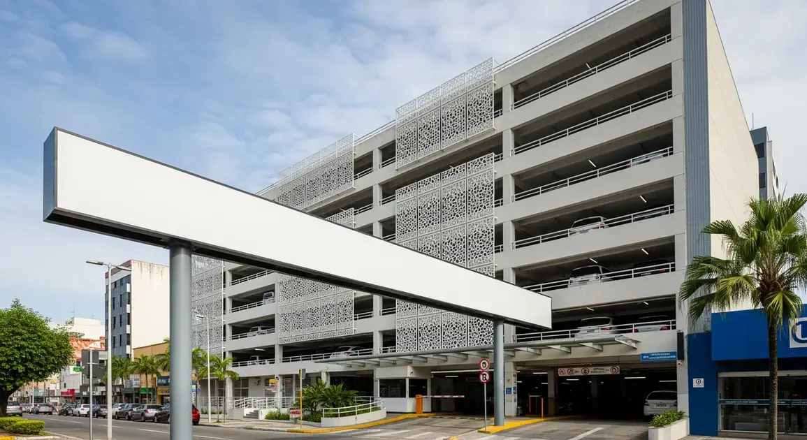 Estacionamento com estrutura moderna, plantas ao redor e sinalização visível no Centro de Florianópolis.