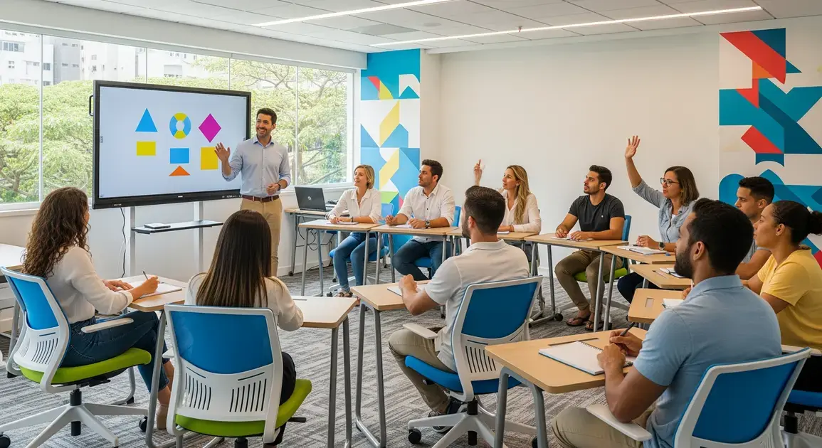 Sala de aula moderna com alunos atentos, professor apresentando conteúdo em tela, mesas e cadeiras coloridas.