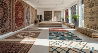 Loja de tapetes com diversos modelos e padrões expostos em um ambiente claro e moderno.