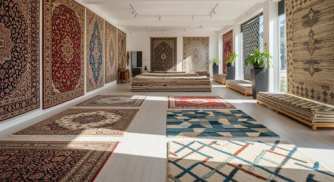 Loja de tapetes com diversos modelos e padrões expostos em um ambiente claro e moderno.