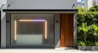 Fachada moderna de sex shop com iluminação em neon e plantas ao redor.