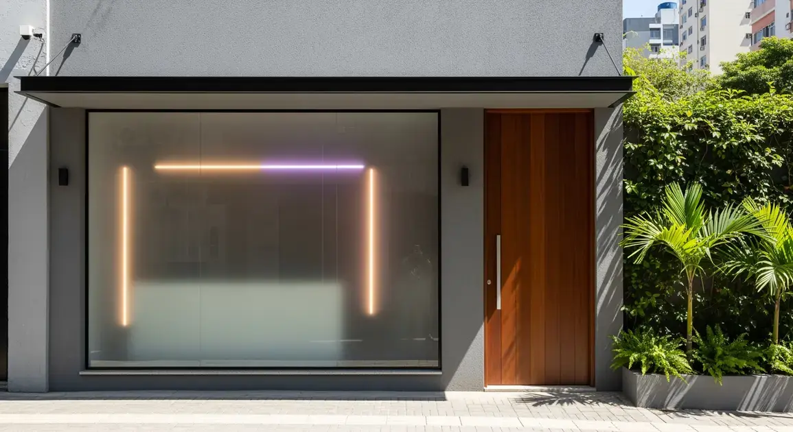 Fachada moderna de sex shop com iluminação em neon e plantas ao redor.