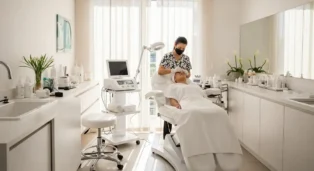 Profissional realizando limpeza de pele em cliente em ambiente moderno e bem iluminado, com equipamentos estéticos.