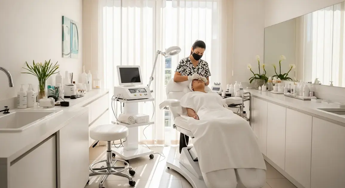 Profissional realizando limpeza de pele em cliente em ambiente moderno e bem iluminado, com equipamentos estéticos.