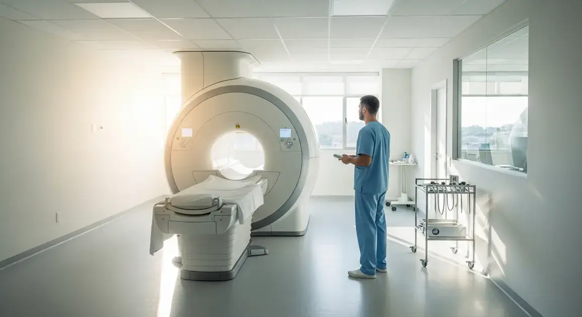 Homem em uniforme azul ao lado de aparelho de ressonância magnética em ambiente clínico iluminado.
