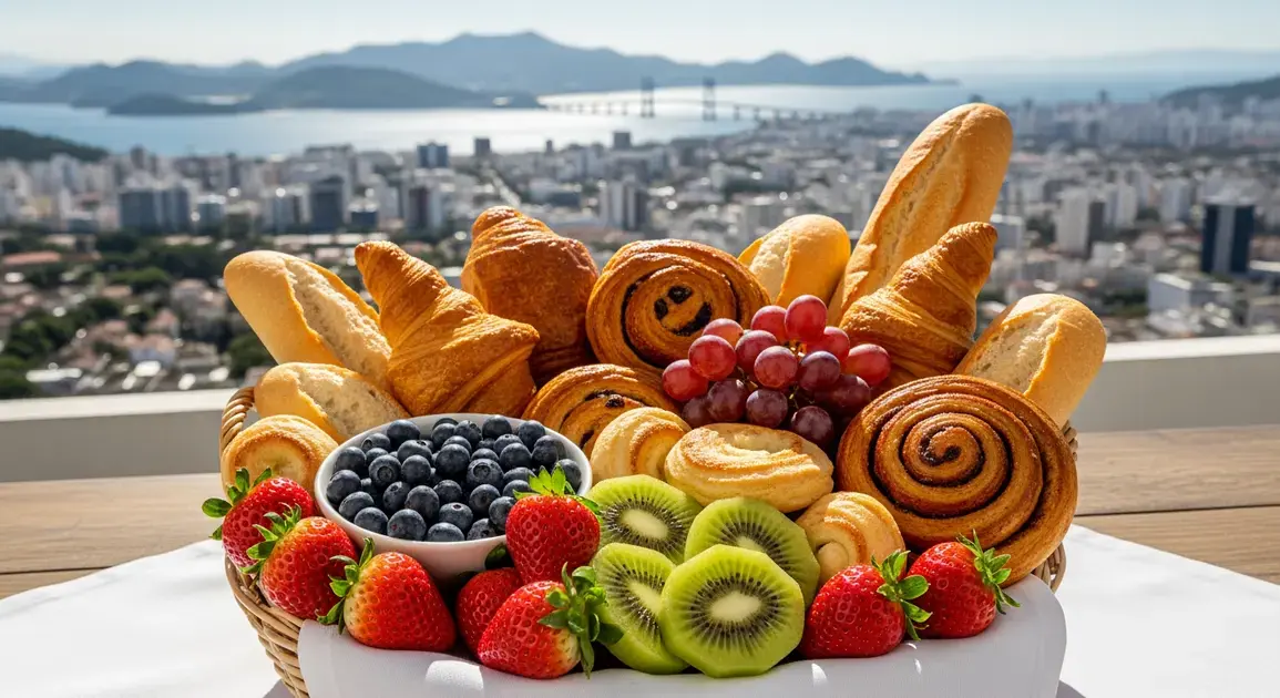 Cesta de café da manhã com pães, frutas e doces, vista panorâmica da cidade ao fundo.