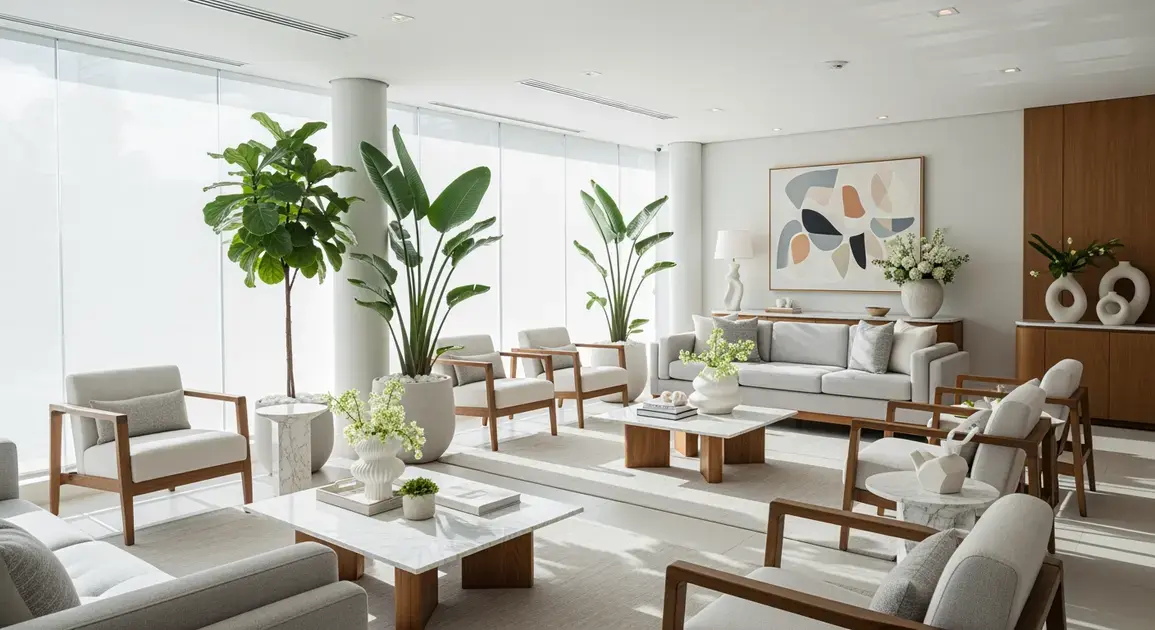 Sala de espera moderna com sofás claros, mesas de centro e plantas decorativas.