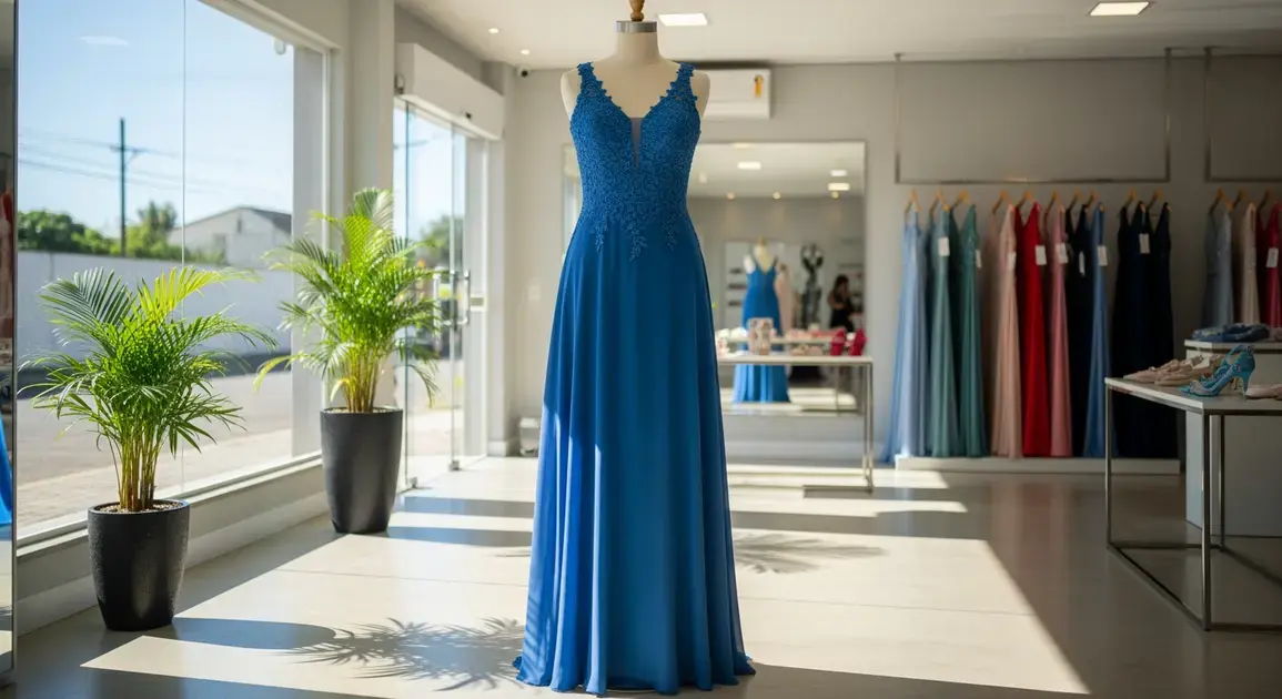 Vestido de festa azul em manequim, com luz natural entrando pela janela e plantas ao fundo.