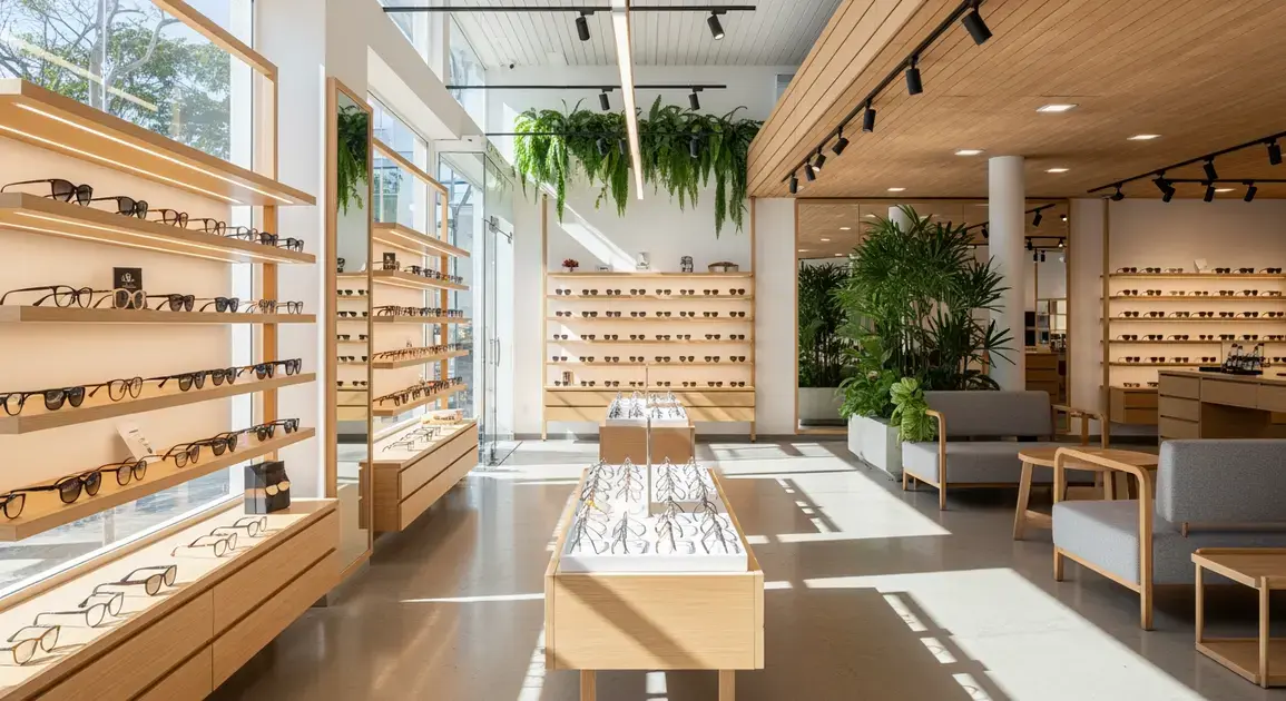 Interior de uma ótica moderna com prateleiras de óculos, mesas de exibição e plantas decorativas.