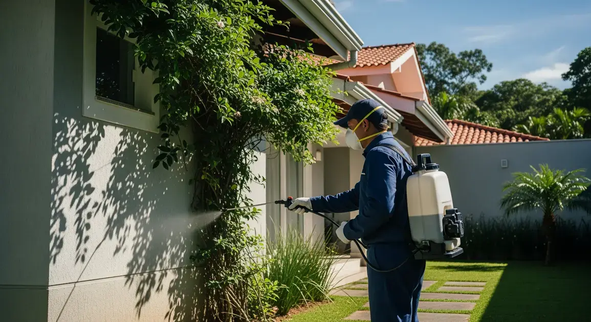 Profissional aplicando inseticida em plantações ao lado de uma casa com jardim.