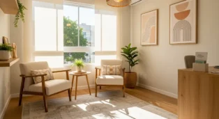 Sala de terapia com duas poltronas, mesa de centro, plantas e quadros decorativos nas paredes.