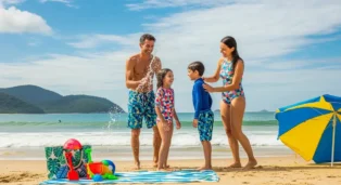 Família se divertindo na praia, crianças brincando com água, guarda-sol amarelo e brinquedos coloridos na areia.