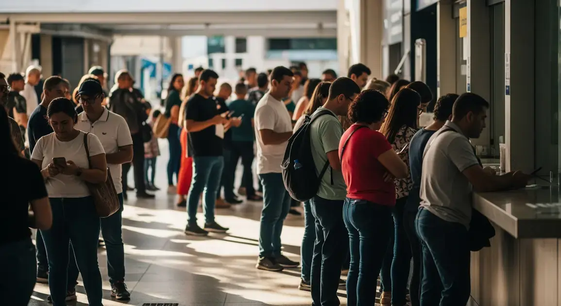 Pessoas em fila em um terminal, aguardando para fazer o cartão de ônibus em Florianópolis.