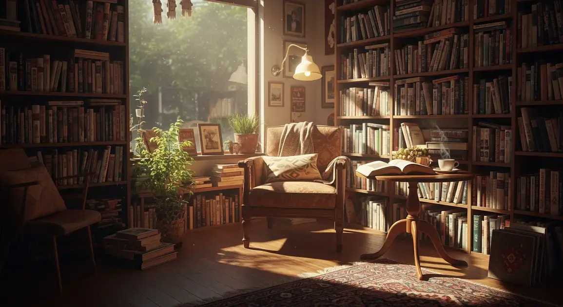 Ambiente aconchegante de um sebo, com estantes cheias de livros, poltrona, mesa com xícara e luz suave entrando pela janela.