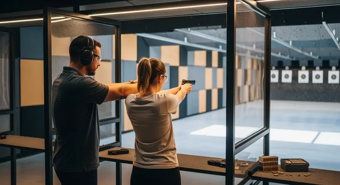 Homem e mulher em estande de tiro, ambos com armas, mirando para alvos em um ambiente moderno e bem iluminado.
