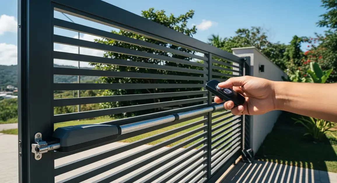 Portão eletrônico moderno com controle remoto sendo acionado em ambiente residencial.