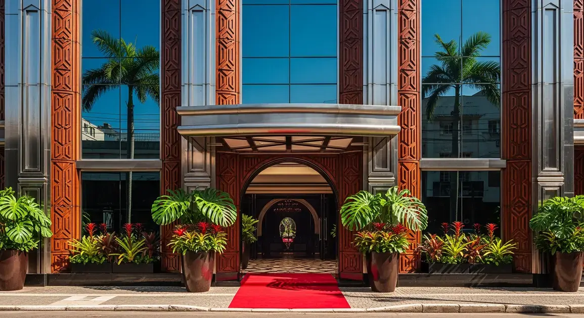 Fachada de um prédio elegante com plantas, palmeiras e tapete vermelho na entrada.