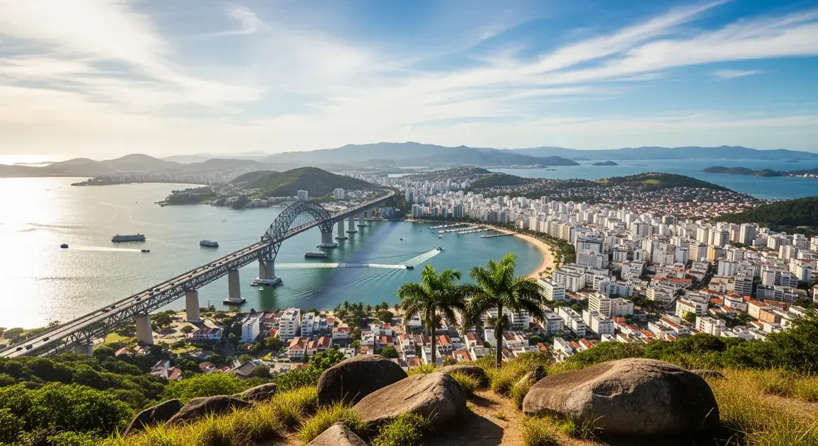 Vista panorâmica da cidade com ponte, mar e montanhas ao fundo, vegetação em primeiro plano.